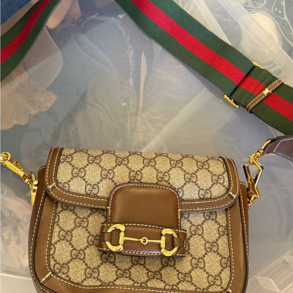 Gucci Brown and Tan Crossbody Bag with Gold Accents